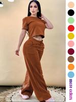 Simple and fashionable solid color short top casual two-piece set, casual set, solid color set, workplace daily set