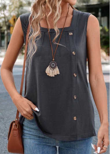 Modlily Dark Grey Button Sleeveless Square Neck Tank Top - L