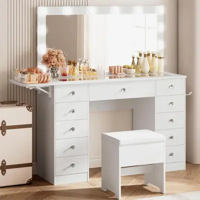 IRONCK 46''W 11 Drawers Makeup Vanity Set with LED Mirror & Power Outlet, Fold-up Panel,Glass Top, Dressing Table with Storag...