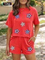 Women's Usa Flag Star Sequin Twisted Ribbed Knit Shorts Set - Pocket Short Sleeve Top & Elastic Waist Shorts for Summer Daily...