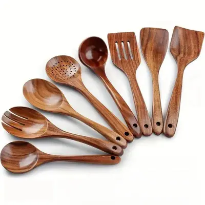 Wooden Kitchen Utensils Set, 8 Counts/set Wooden Spoon & Spatula Set, Kitchen Utensils Set for Non-stick Pan, Kitchen Accesso...