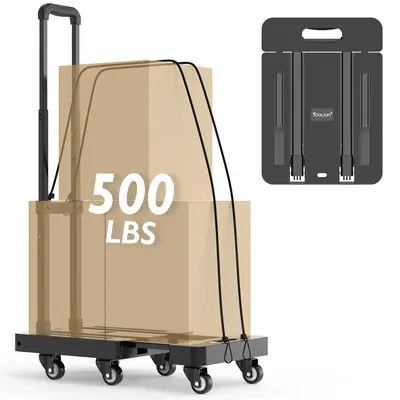 TOOLIOM Folding Hand Truck, 500 lbs Heavy Duty Foldable Luggage Cart with 6 Wheels & 2 Elastic Ropes, Portable Collapsible Do...