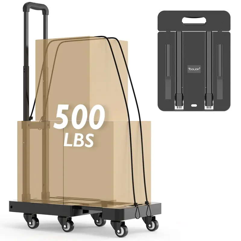 TOOLIOM Folding Hand Truck, 500 lbs Heavy Duty Foldable Luggage Cart with 6 Wheels & 2 Elastic Ropes, Portable Collapsible Do...