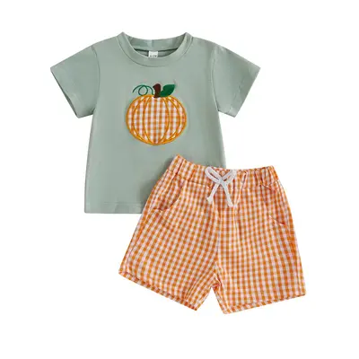 Toddler Baby Boy Halloween Cute Pumpkin Embroidery Short Sleeve T Shirt Tops Elastic Waist Plaid Shorts 2Pcs Set