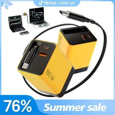 ć2 PackćBOLONMI 3-in-1 GaN Charger, 80W MAX Fast Charging Adapter with Retractable Type-C Cables, Portable USB-C Power Bl...