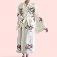 Evil Eye Kimono 100% Cotton Robe, Kaftan Multi Color Womenswear Elegance Gowns Loungewear Nightwear Coverup Chic Fit Lady Lon...