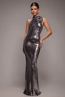 Goddiva Liquid Sequin Halterneck Maxi With Corsage - Silver