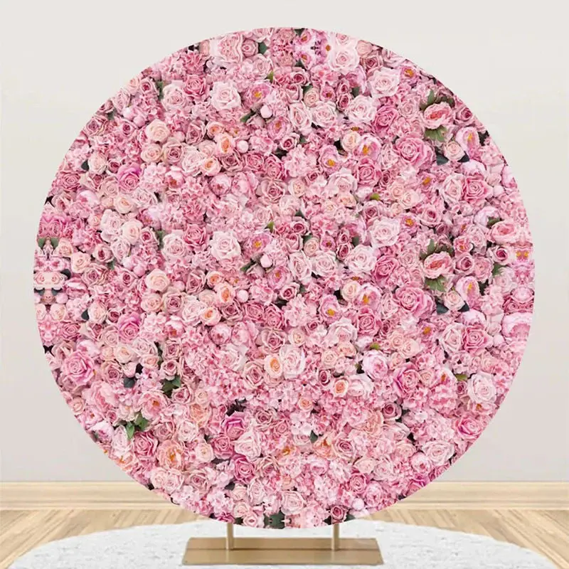 Pink Floral Green Leaves Round Wedding Backdrop - Aperturee