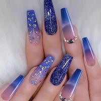 Rhinestone Decor Fantasy Galaxy Pattern Fake Nail Kit, 24pcs/set Long Coffin Press on Nails, Fashion Fake Nails Tips for Wome...
