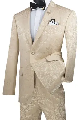 Beige Men's Slim Fit Paisley Wedding & Prom Suit - Shiny Finish