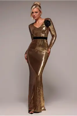 Goddiva Liquid Sequin Corsage Maxi Dress - Gold