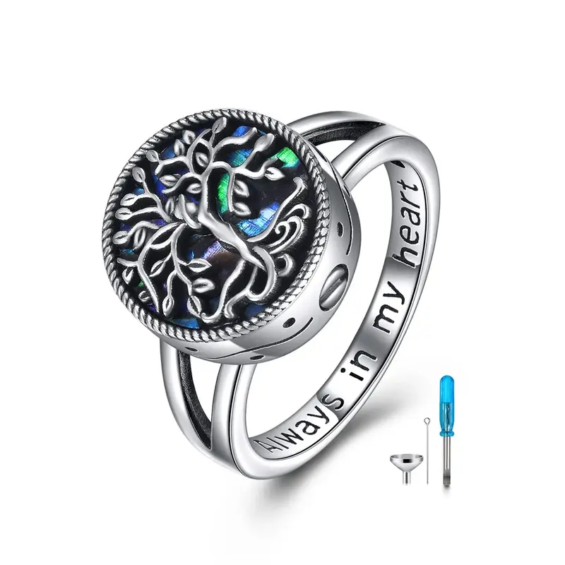 Sterling Silver Round Shaped Abalone Shellfish Tree Of Life Urn Ring with Engraved Word