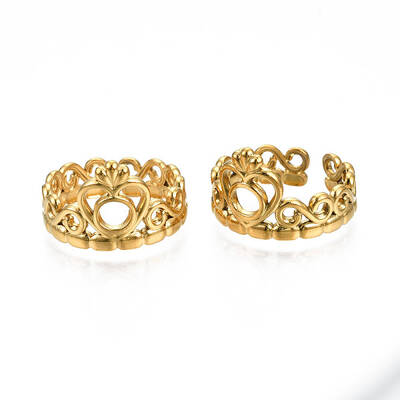 Ion Plating(IP) 304 Stainless Steel Heart Crown Open Cuff Ring for Women