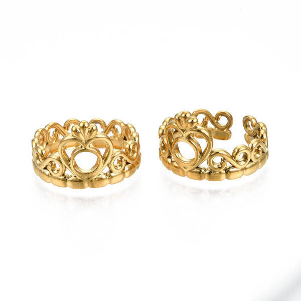 Ion Plating(IP) 304 Stainless Steel Heart Crown Open Cuff Ring for Women