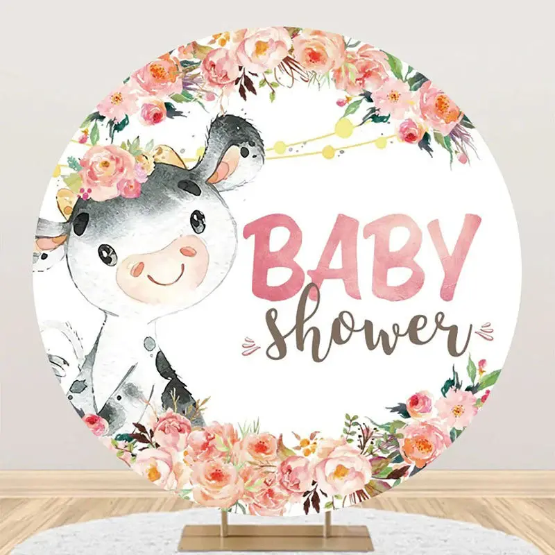Cute Dairy Cow Flowers Circle Baby Shower Backdrop - Aperturee