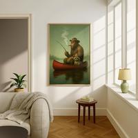 Animal Fishing in Canoe Vintage Poster Unframed, Art Funny Retro Sasquatch Print Cabin Wall Home Decor Outdoor Fisherman Illu...