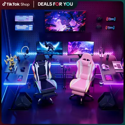 L Shaped Gaming Desk with Led Lights Corner Computer Desk,L shaped desk, Home Office Desks Writing Workstation with Large Mon...