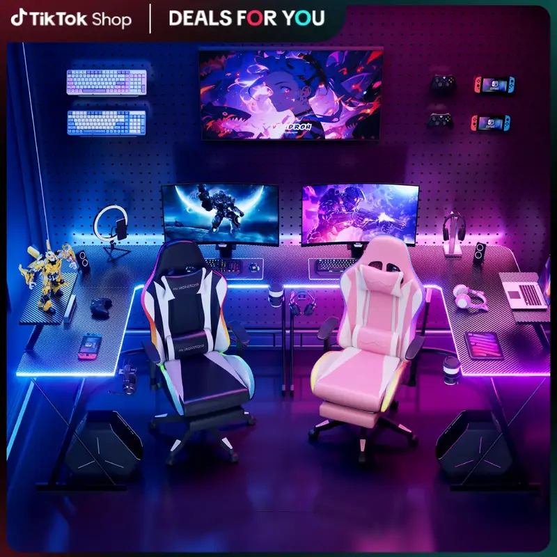 L Shaped Gaming Desk with Led Lights Corner Computer Desk,L shaped desk, Home Office Desks Writing Workstation with Large Mon...