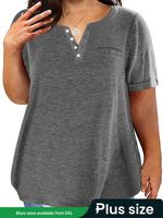【Plus Size】 Plain Buttons Pocket Round Neck Tee, Summer Clothes Women, Casual Fashion Short Sleeve T-shirt for Summer, Wo...