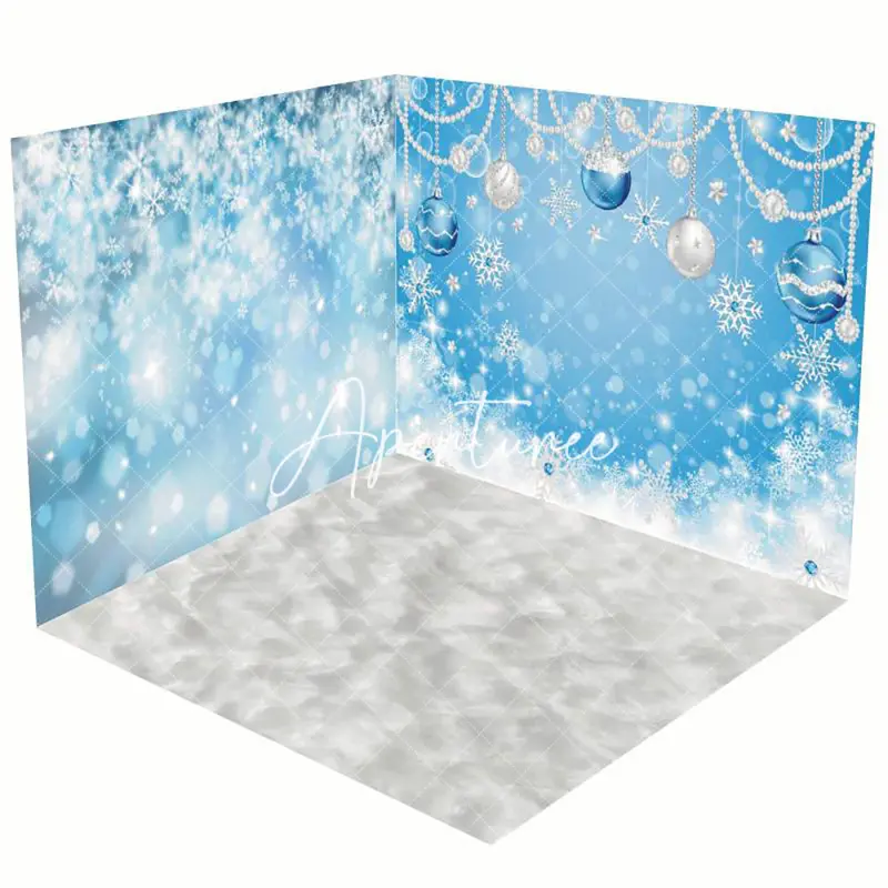 Aperturee Blue White Snowy Bells Christmas Room Set Backdrop - Aperturee