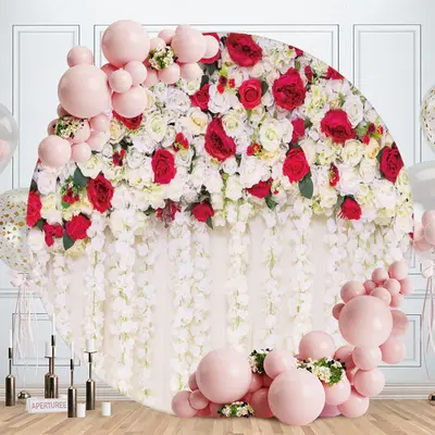 White And Red Floral Round Wedding Backdrops - Aperturee