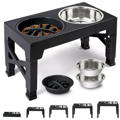 Elevated Dog Bowls, 5 Adjustable Heights Raised Dog Bowl Stand, With 2 Stainless Steel Dog Food Bowls And 1 Slow Feeder Dog B...