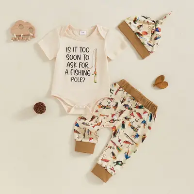 Baby Boy Summer Clothes Letter Print Short Sleeve Romper with Fish Pattern Pants and Hat 3 Pcs Set Fishing Short Sleeve Rompe...