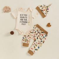 Baby Boy Summer Clothes Letter Print Short Sleeve Romper with Fish Pattern Pants and Hat 3 Pcs Set Fishing Short Sleeve Rompe...