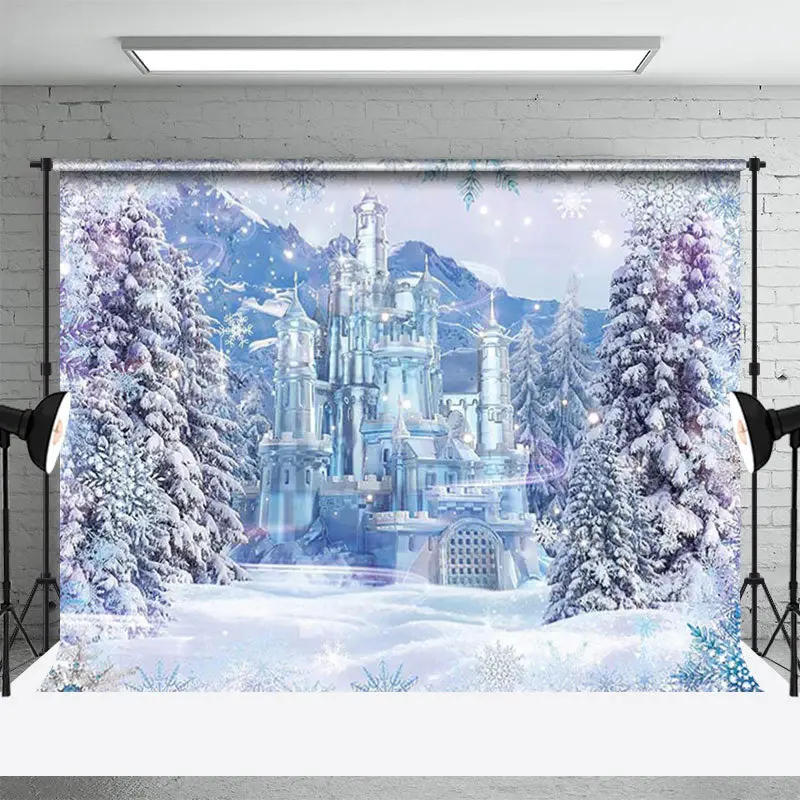 Ice Kingdom Castle Mountain Trees Winter Backdrop - Aperturee