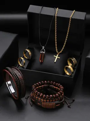 Men's Punk Style Jewelry Set, Vintage Cross Necklace, Adjustable Beaded & Hand Chain & Layered Bracelet Set, Rhinestone Ring,...