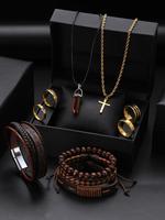Men's Punk Style Jewelry Set, Vintage Cross Necklace, Adjustable Beaded & Hand Chain & Layered Bracelet Set, Rhinestone Ring,...