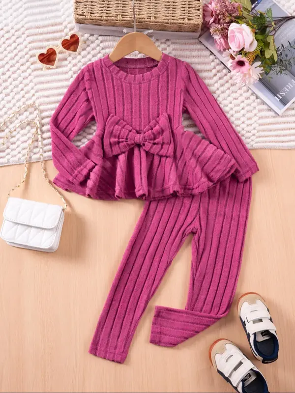 Toddler Girl's Plain Bow Front Peplum Tee & Elastic Waist Pants Set, Casual Long Sleeve Top & Trousers, Kids Spring & Fall Cl...