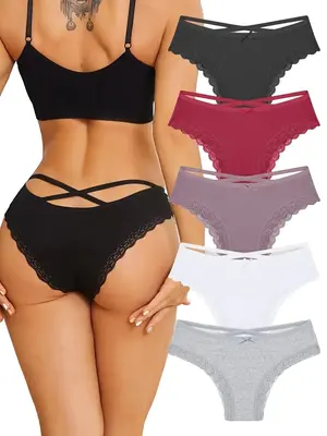 Women's 5pcs Multicolor Plain Contrast Lace Criss Cross Panty, Bow Decor Lace Trim Knickers, Pastel Soft Comfy Breathable Pan...