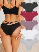 Women's 5pcs Multicolor Plain Contrast Lace Criss Cross Panty, Bow Decor Lace Trim Knickers, Pastel Soft Comfy Breathable Pan...