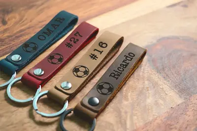 SLIM Soccer Personalized Keychain / Keyring / bag Tag / Name Tag - Leather Keychain
