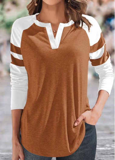 Modlily Dark Camel Patchwork Long Sleeve T Shirt - L