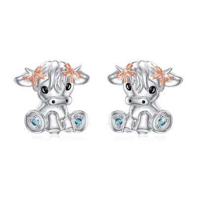 Sterling Silver Two-tone Cubic Zirconia Highland Cow Stud Earrings
