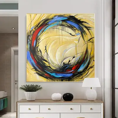 Oversized Abstract Colorful Painting on Canvas Circle Oil Artwork Modern Heavy Textured Wall Art for Aesthetic Decor | PORTAL...