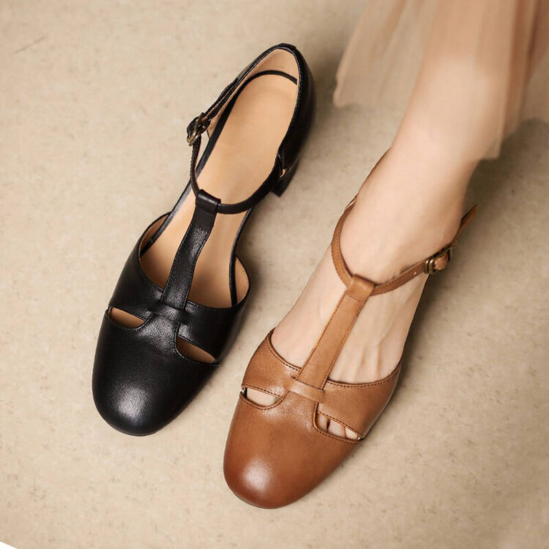 CHIKO Magdalena Round Toe Block Heels T-Strap Shoes