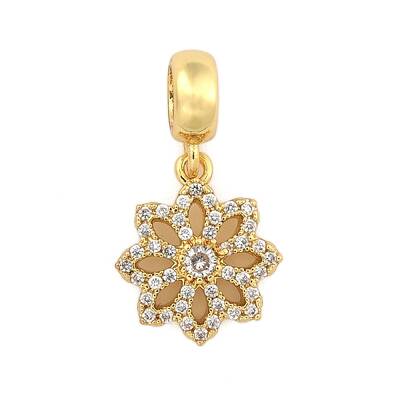 Brass Micro Pave Clear Cubic Zirconia Flower European Dangle Charms
