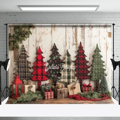Vintage Red Green Christmas Tree Wood Photo Backdrop - Aperturee
