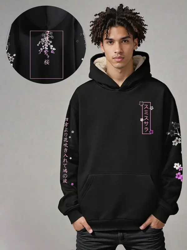 Men's Floral & Letter Print Drop Shoulder Thermal Lined Hoodie, Fashion Casual Regular Fit Pocket Hooded Sweatshirt for Dai...