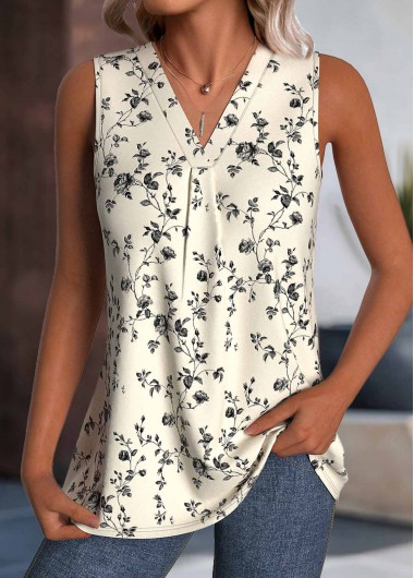 Modlily Beige Floral Print Sleeveless V Neck Tank Top - S