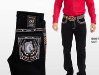 Ace of Diamond Mid Blue / Black Men Denim Embroidered Jeans