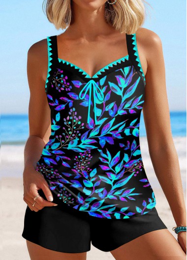 Modlily Contrast Binding Floral Print Cyan Tankini Set - XL