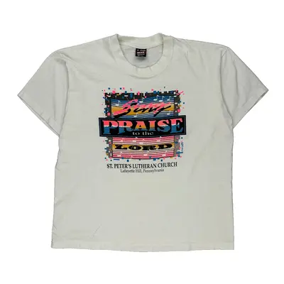 Single Stitch Fruit Of The Loom Graphic T-Shirt - XL White Cotton Blend