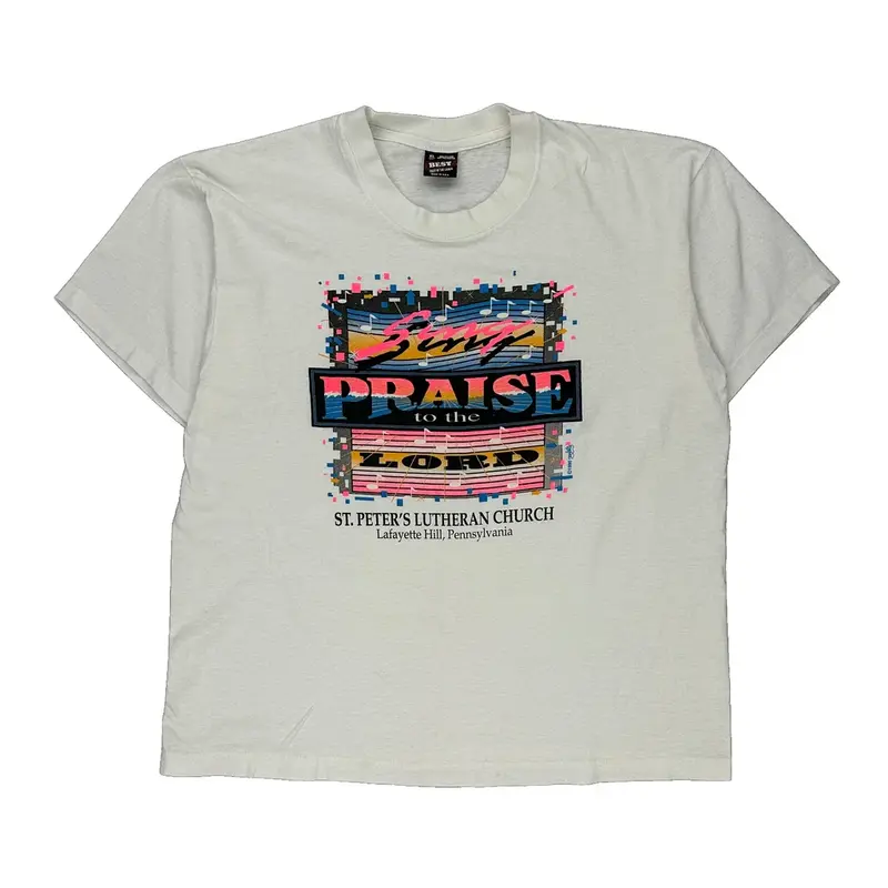 Single Stitch Fruit Of The Loom Graphic T-Shirt - XL White Cotton Blend