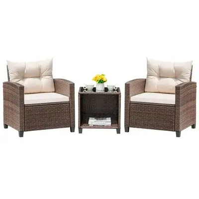 FURMAX Outdoor Furniture 3 Pieces Patio Bistro Furniture Set, Rattan Conversation Chair with Cushion Cushion and Tea Table, P...