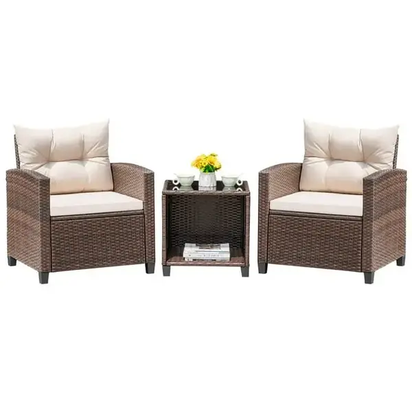 FURMAX Outdoor Furniture 3 Pieces Patio Bistro Furniture Set, Rattan Conversation Chair with Cushion Cushion and Tea Table, P...
