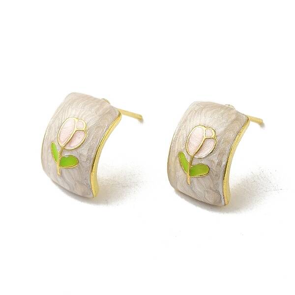 Flower Alloy Enamel Half Hoop Stud Earrings for Women